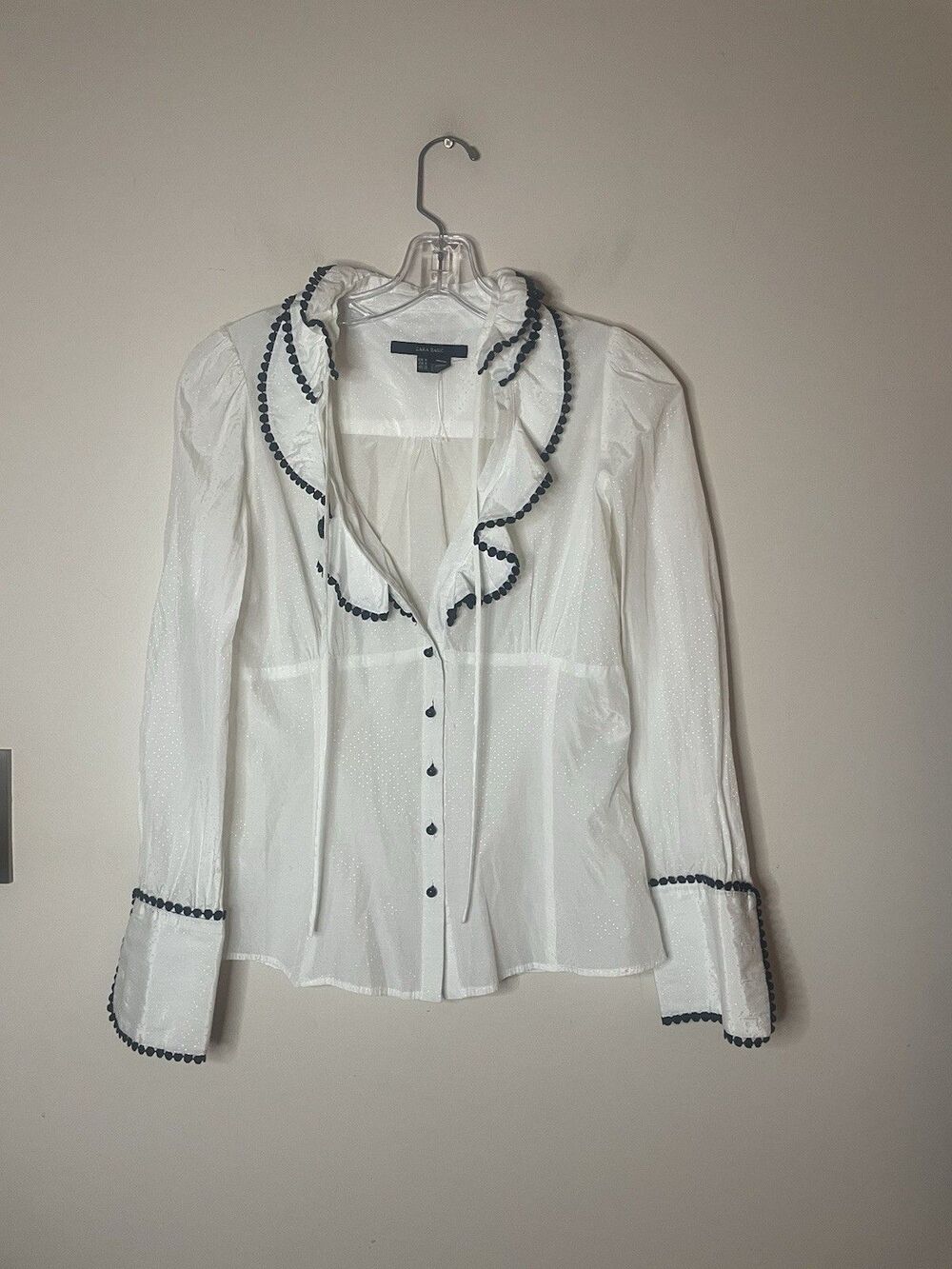 Zara Peasant Blouse White Black Buttons Long Sleeves Size M